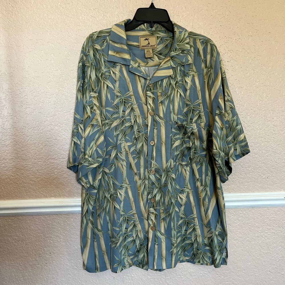 Jamaica Jaxx Men's Hawaiian Shirt Bamboo Leaf Print Tropical Silk Short Sleeve